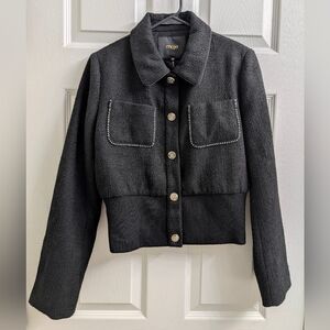 Maje Black Tweed Cropped Jacket with Crystal-Trim Pockets Size 38